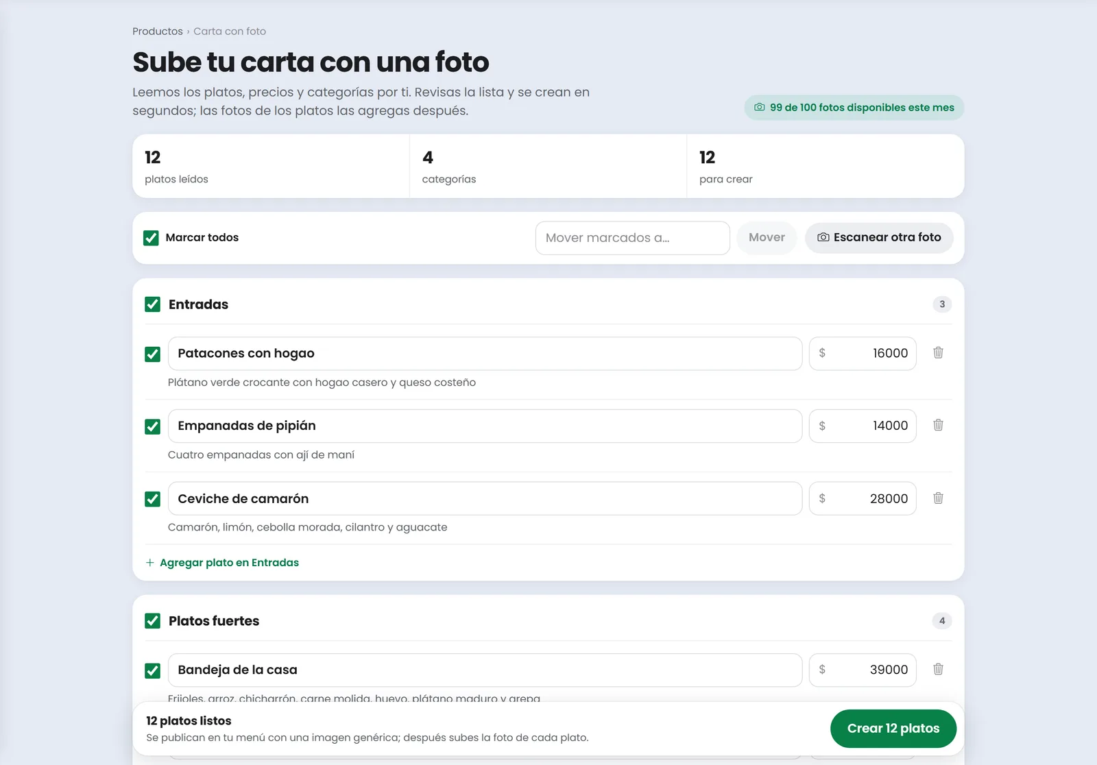 Pantalla Subir carta con foto de Treggio leyendo los platos de una carta de restaurante