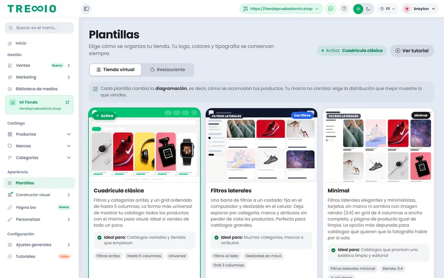 Selector de plantillas del catálogo digital en el panel de Treggio