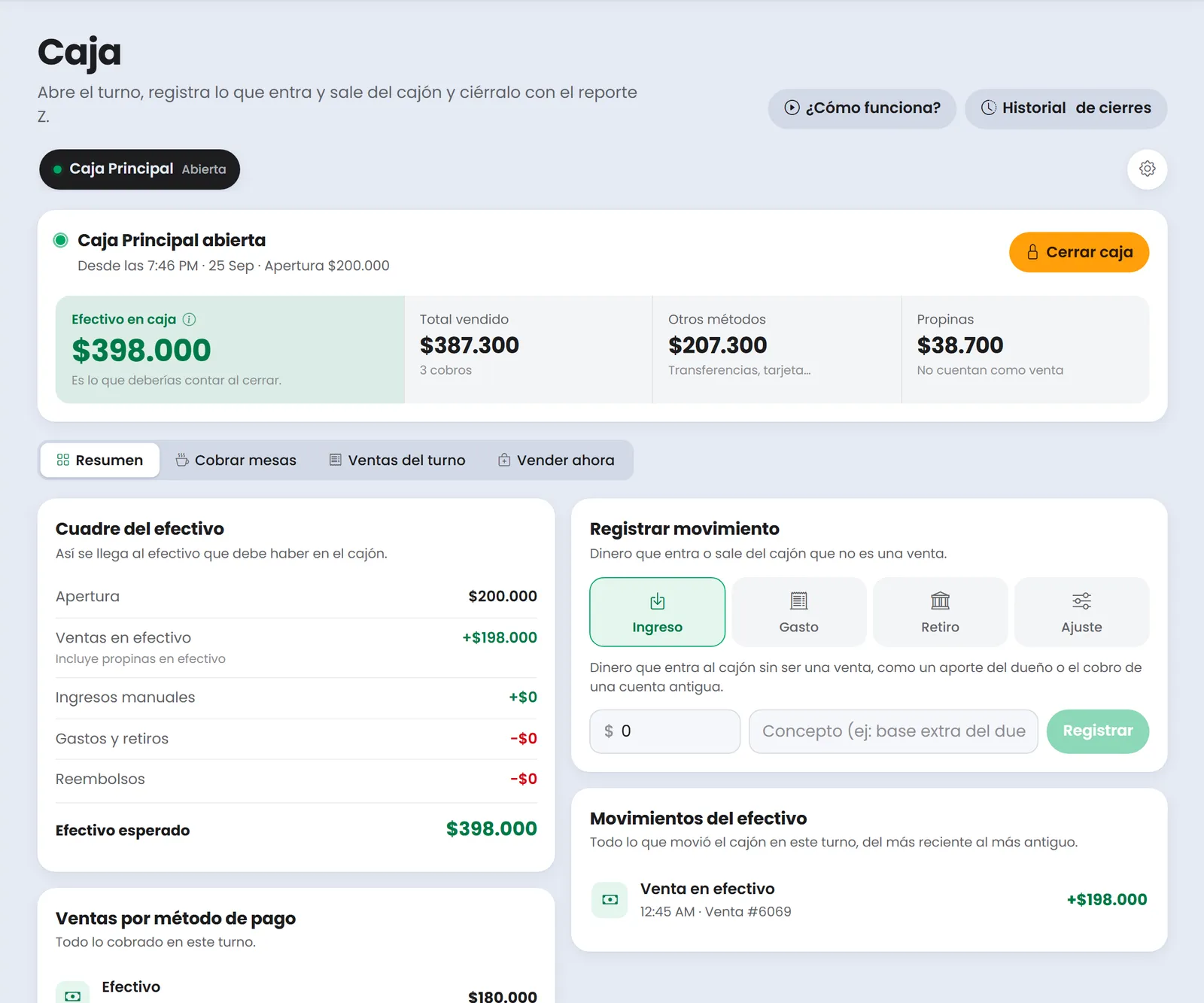 Caja abierta de un restaurante en Treggio con ventas en efectivo, otros medios, propinas y cuadre