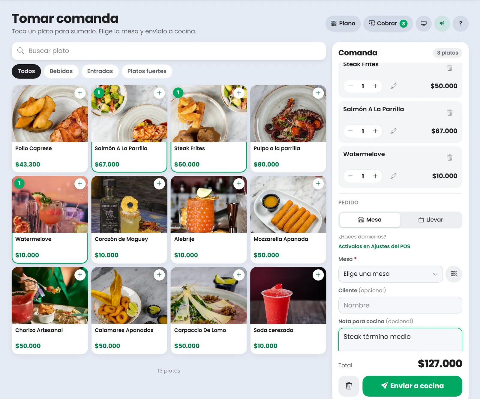 Pantalla Tomar comanda del POS de Treggio con platos y una comanda en curso
