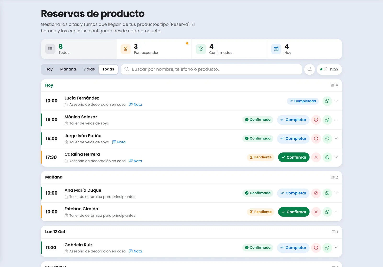 Panel de reservas de citas de Treggio con las citas pendientes y confirmadas de un negocio