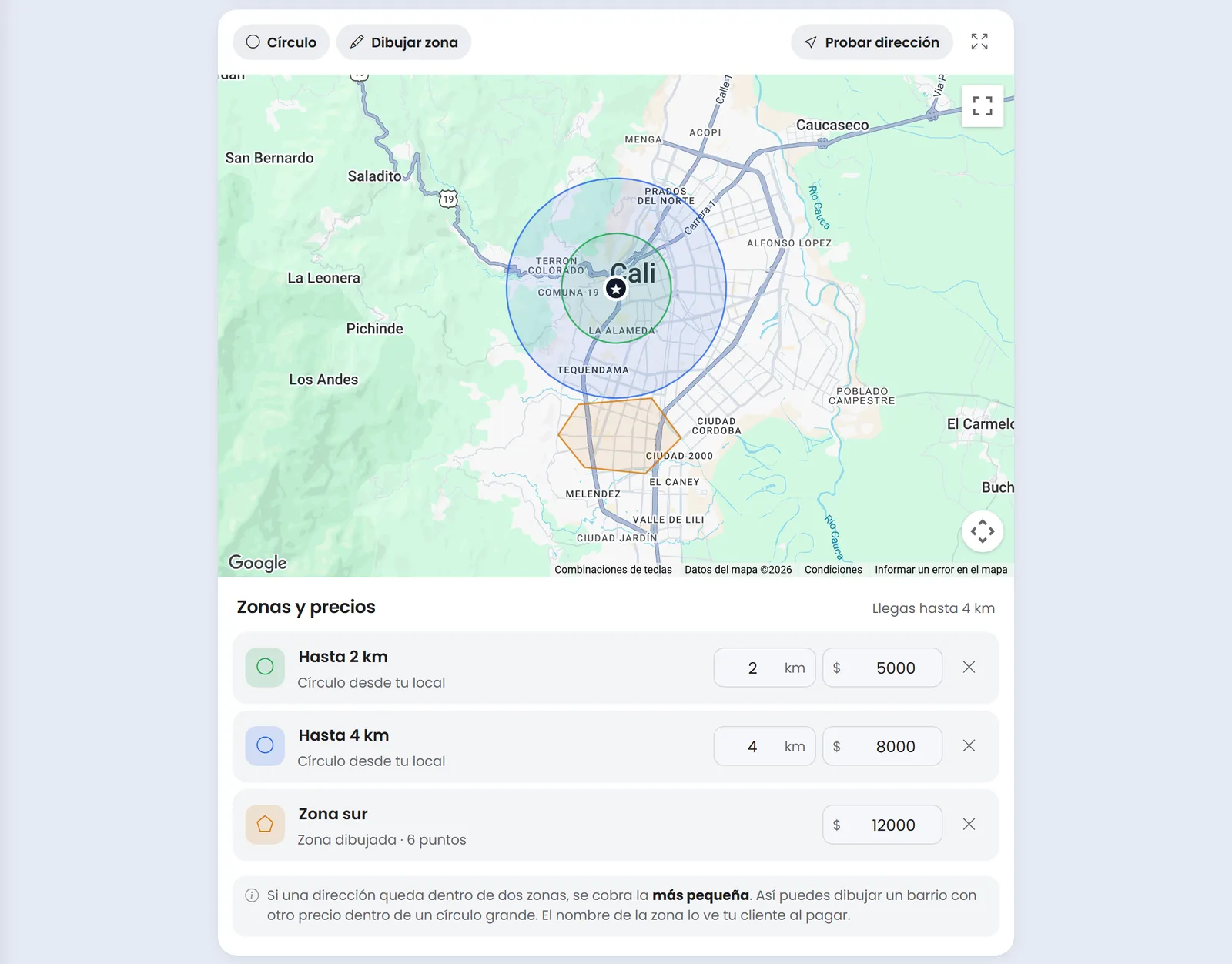 Zonas de domicilio dibujadas en el mapa con su precio en el panel de Treggio