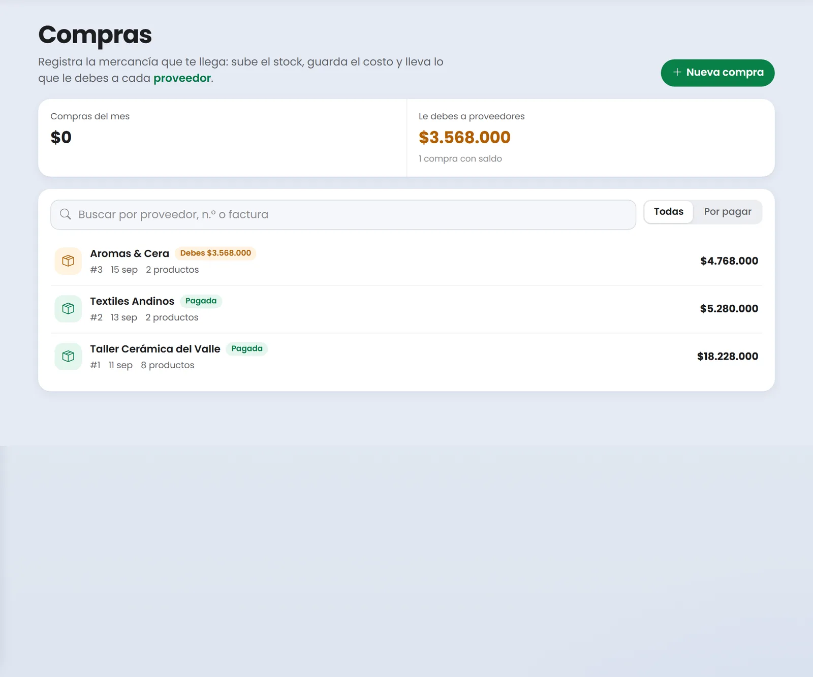 Compras de mercancía a proveedores registradas en Treggio con su total y su saldo