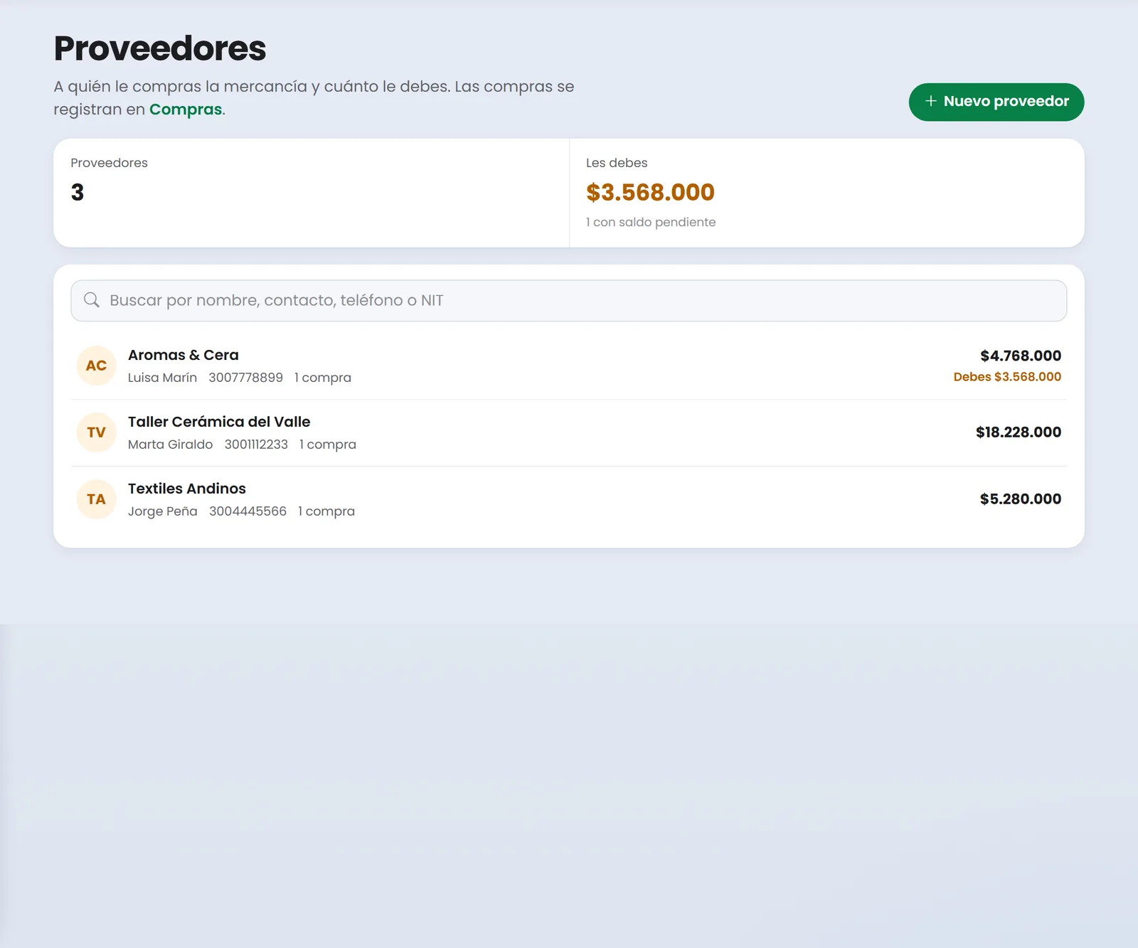 Pantalla de proveedores de Treggio con lo comprado a cada uno y el saldo que se les debe