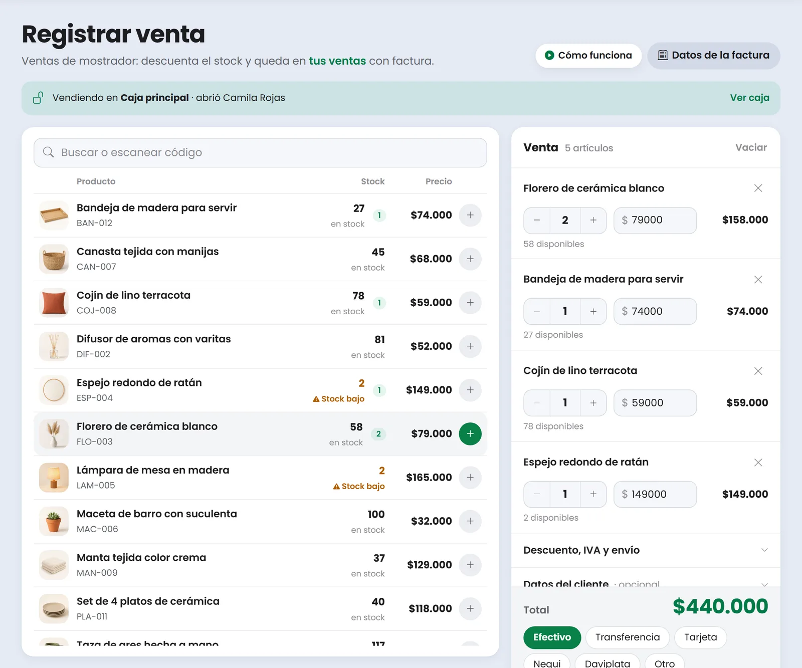 Pantalla Registrar venta de Treggio con el catálogo de productos y una venta en curso por 440.000 pesos