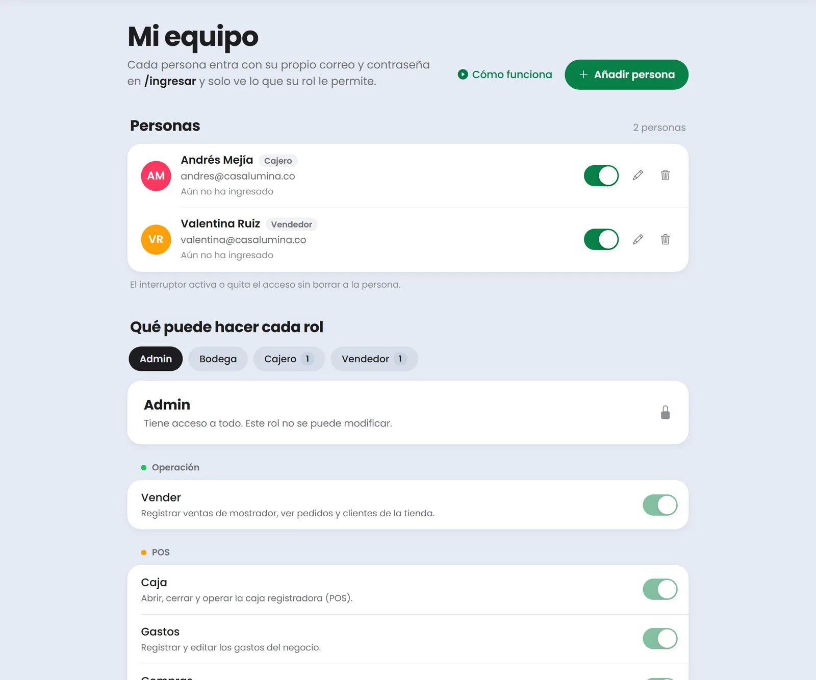 Pantalla de vendedores de Treggio con las personas del equipo y sus roles