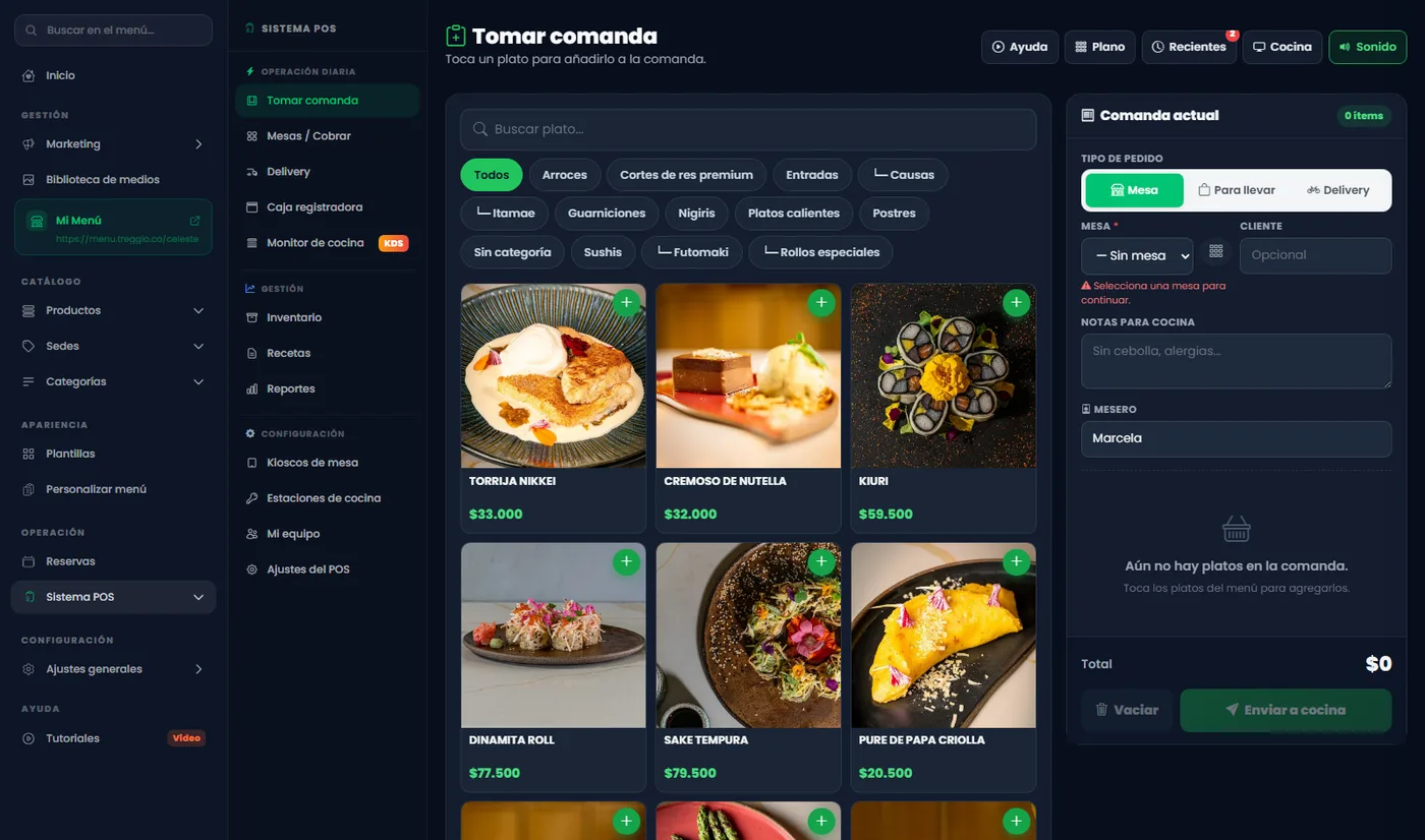 Pantalla de toma de comanda del POS de Treggio con la carta del restaurante