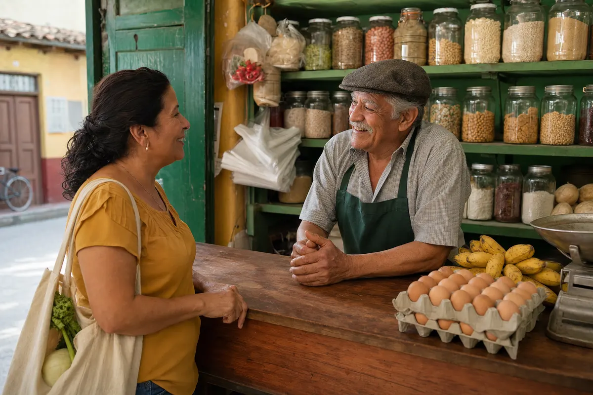 Dueño de una tienda de barrio conversando con una clienta sobre un saldo pendiente frente al mostrador