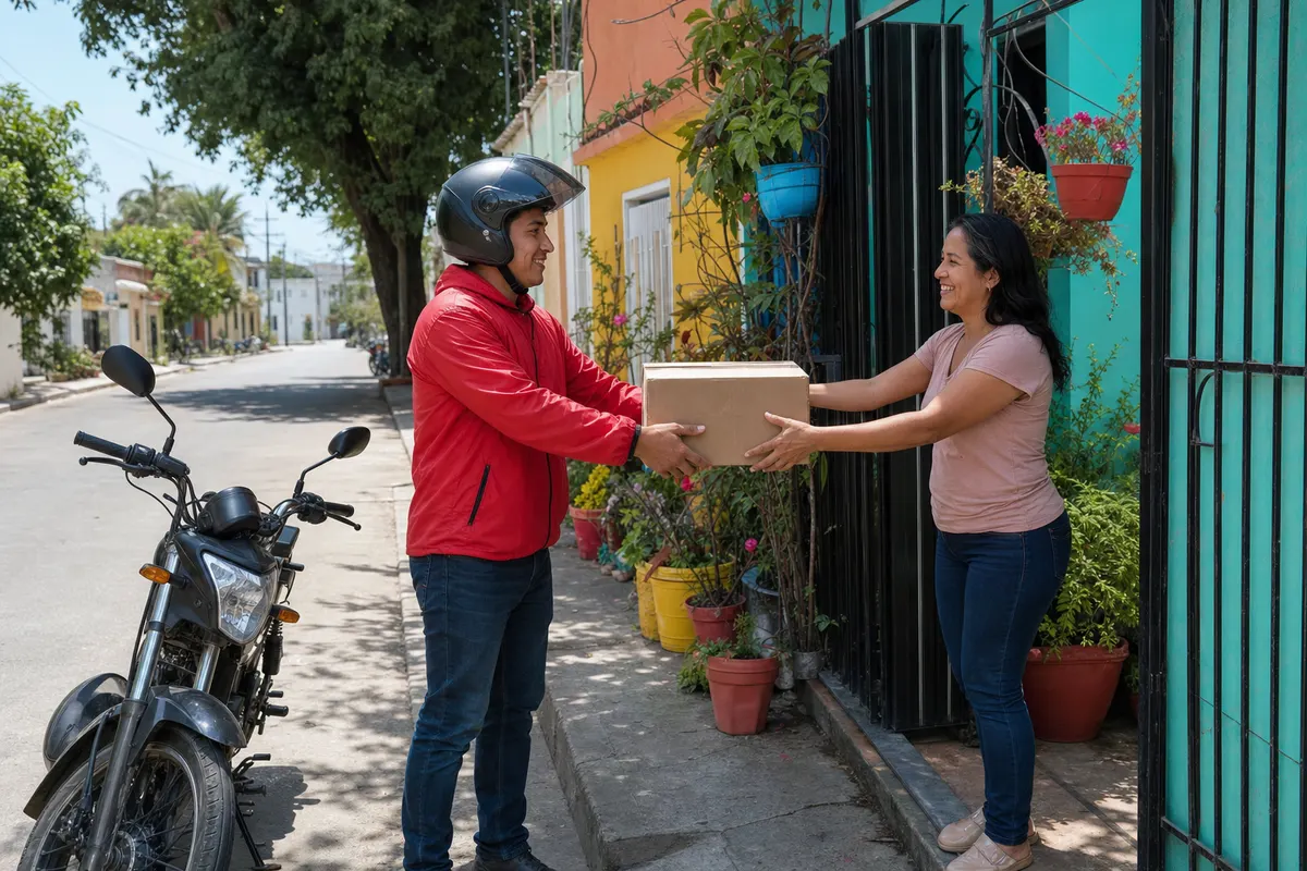 Paquete de una tienda online listo para entregar junto a un mapa con distancias y una calculadora