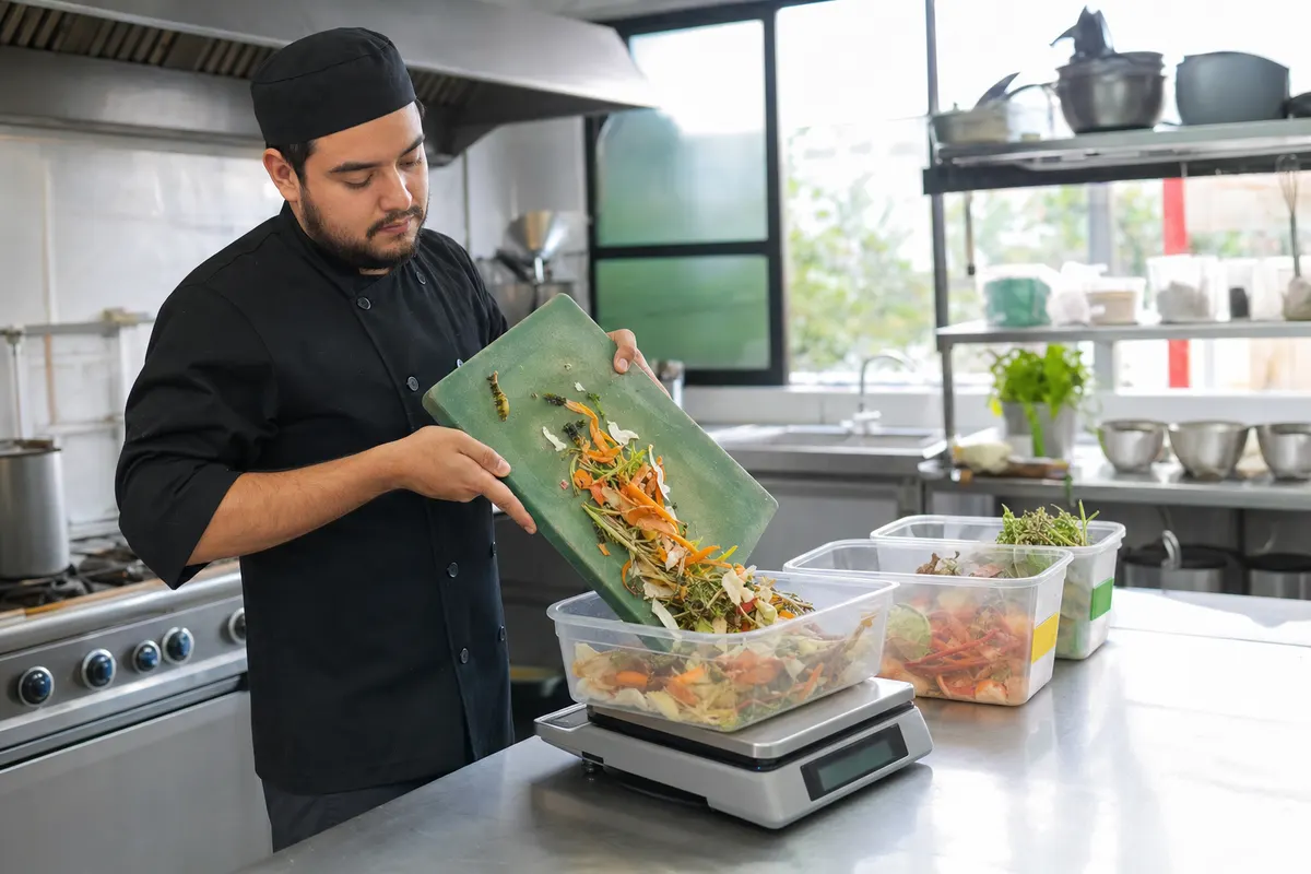 Cocinero de restaurante pesando sobras de verduras en una balanza para registrar el desperdicio