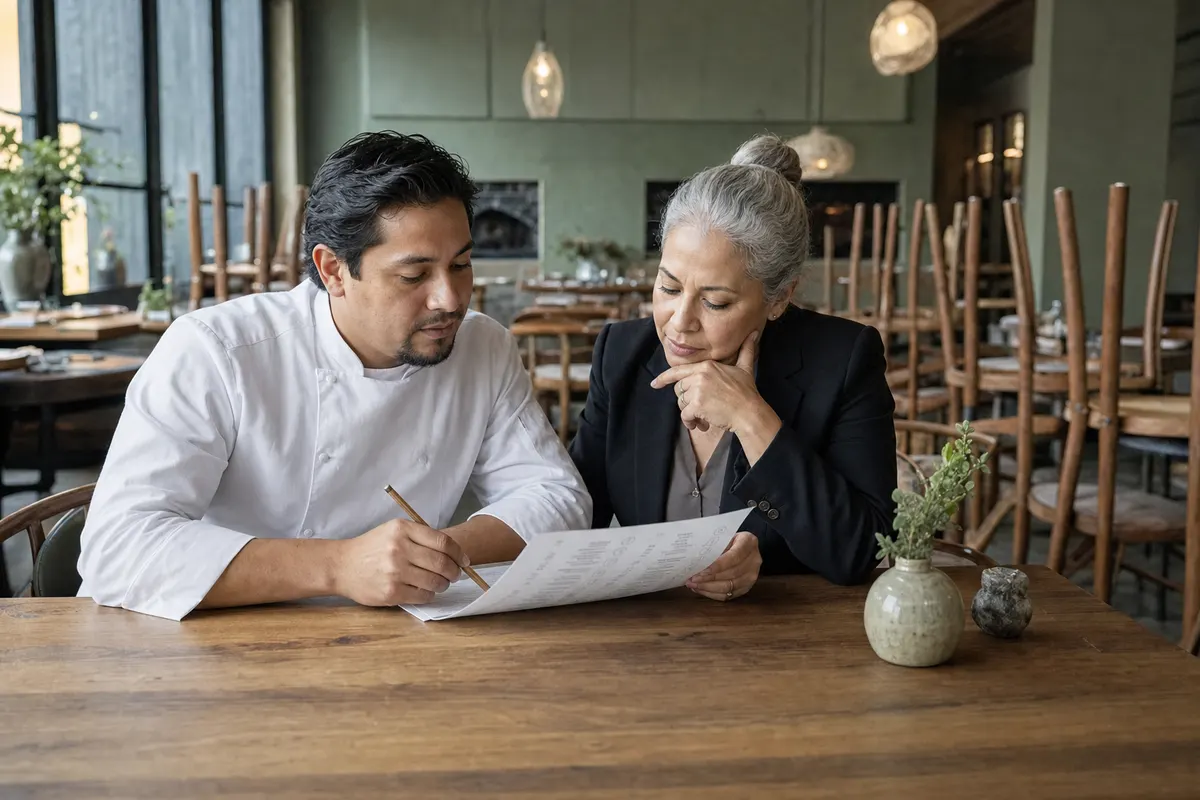 Dueña de restaurante revisando en una tablet la carta y los platos que más venden