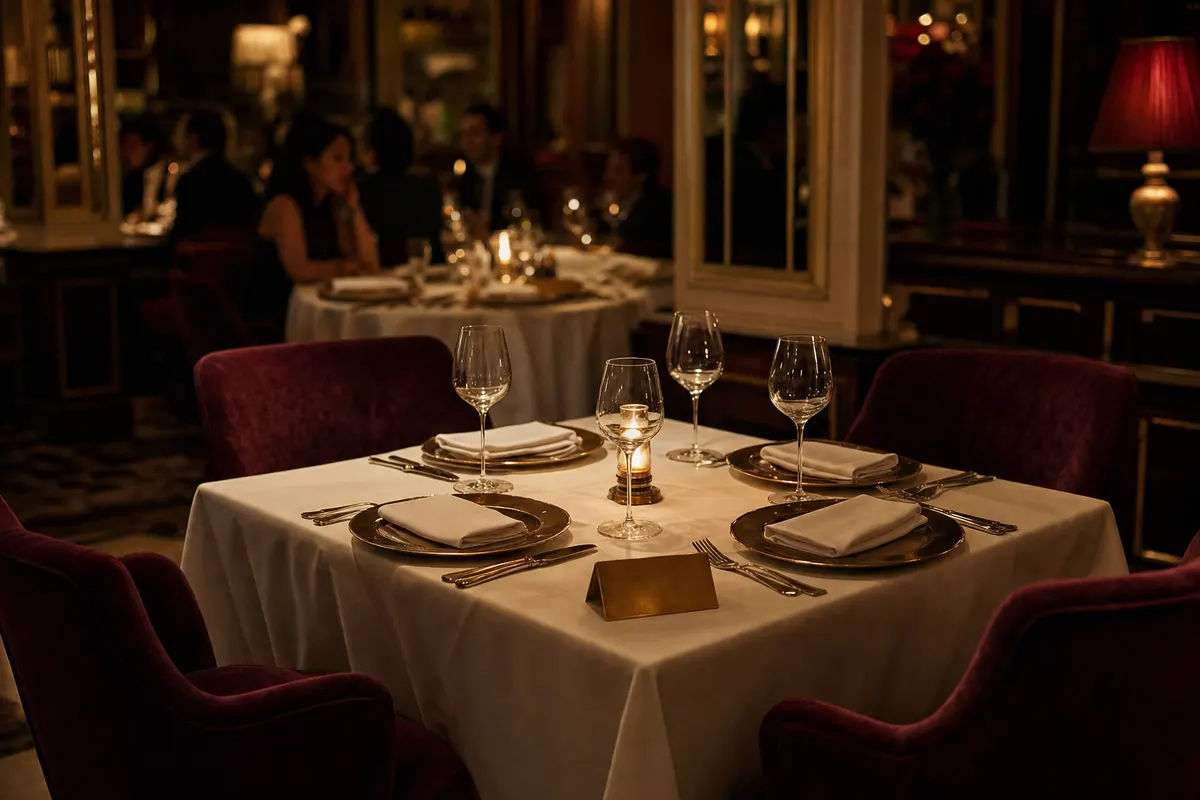 Mesa de restaurante reservada y vacía con un letrero de reserva durante el servicio de la noche