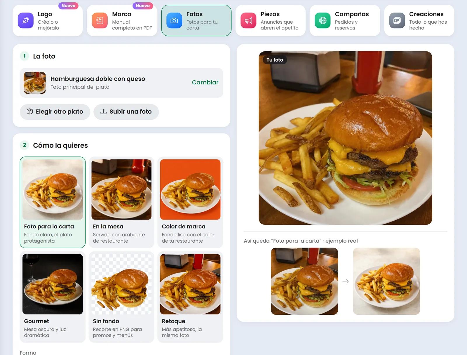 Mejorar la foto de una hamburguesa para la carta con el Estudio IA
