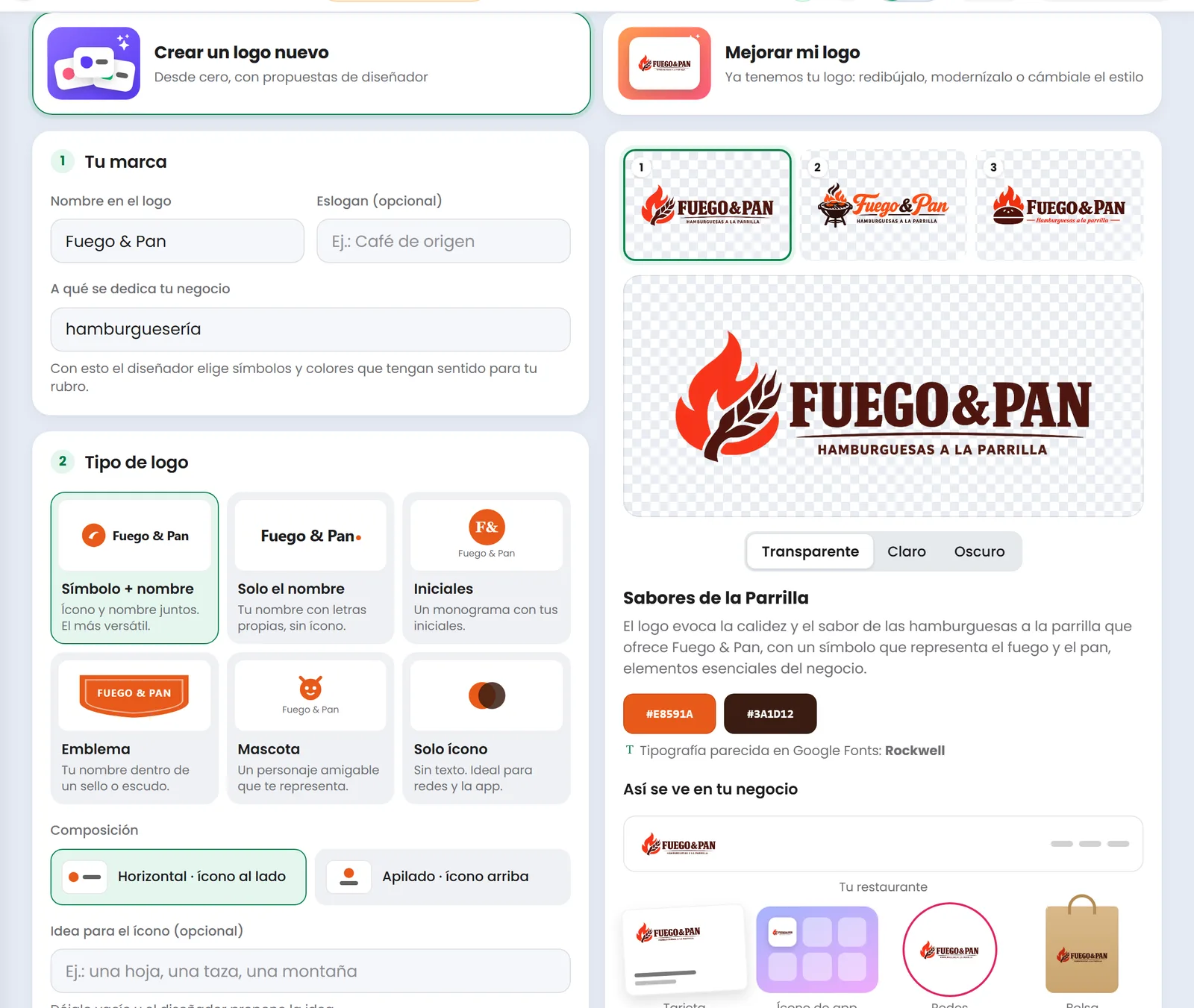 Propuestas de logo de Fuego & Pan creadas con el Estudio IA