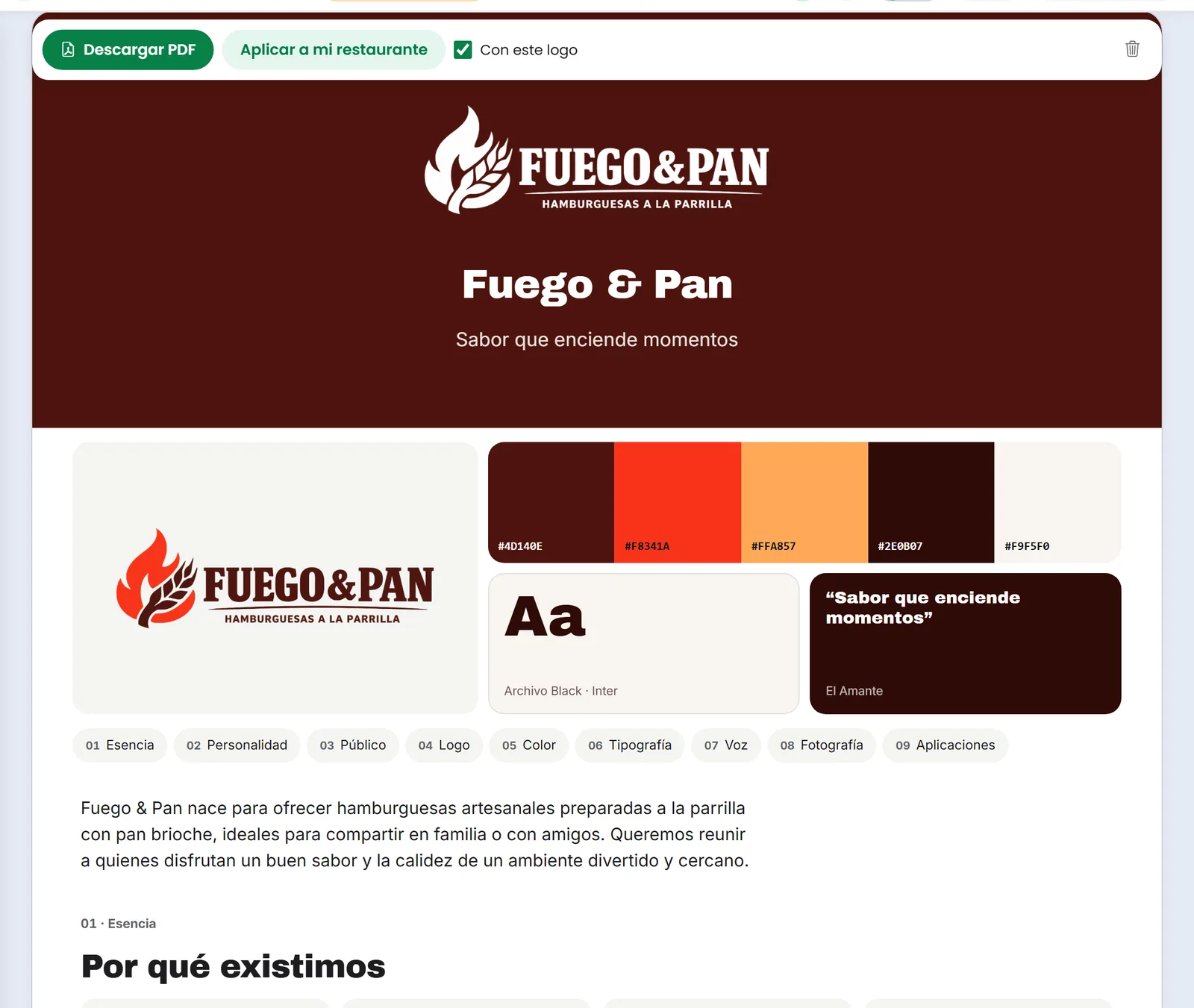 Manual de marca de Fuego & Pan creado con el Estudio IA