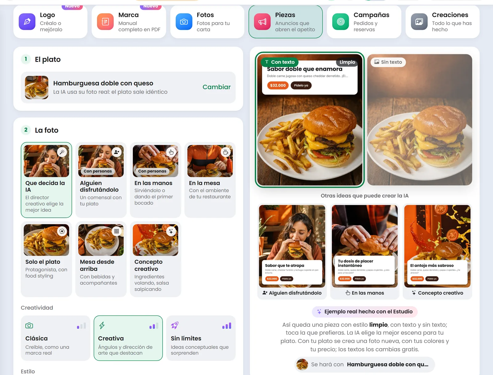 Estudio IA de Treggio: crear un anuncio con un plato y ver el ejemplo con texto y sin texto