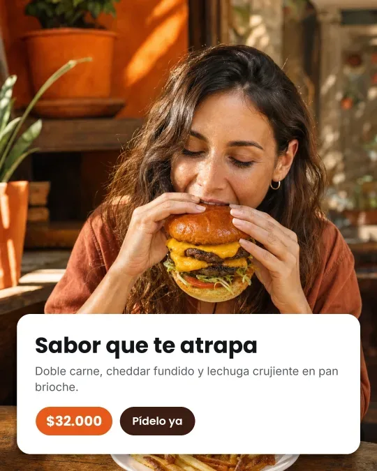 Anuncio de una mujer comiendo una hamburguesa creado con el Estudio IA