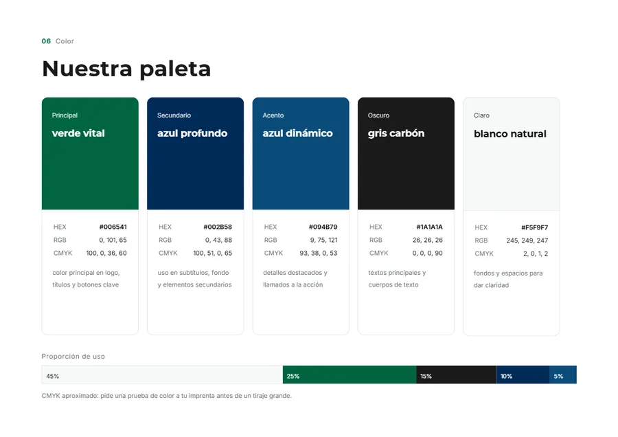 Página de colores y contraste del manual de marca