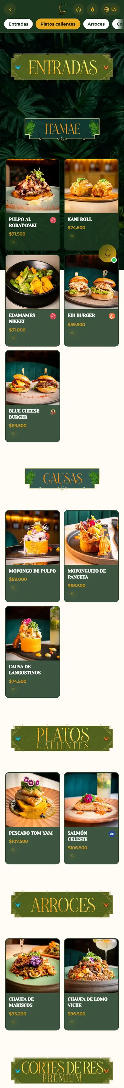 Carta digital de Celeste con fotos, categorías y precios de cada plato