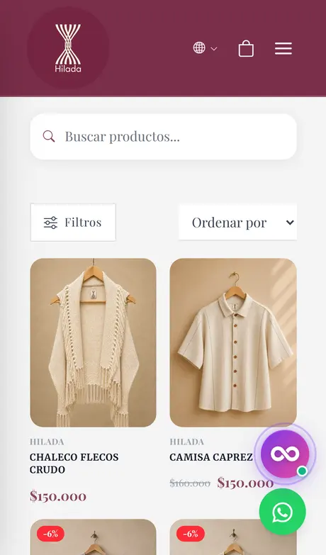 Tienda virtual de ropa HILADA hecha con Treggio, vista en el celular