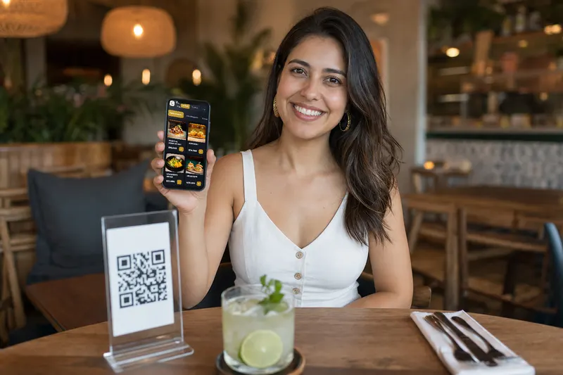 Clienta en un restaurante mostrando en su celular la carta digital que abrió con el QR de la mesa