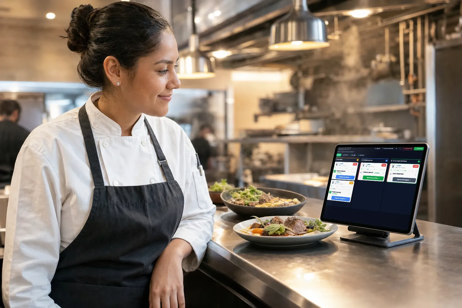 Cocinera revisando las comandas digitales en la tablet de la cocina