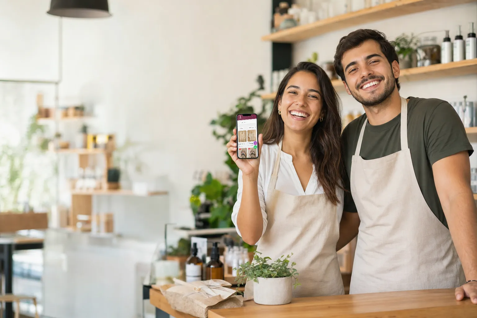 Pareja de emprendedores mostrando su tienda virtual en el celular