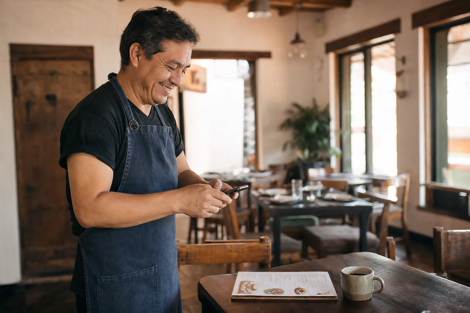 Dueño de un restaurante tomándole una foto con el celular a su carta impresa