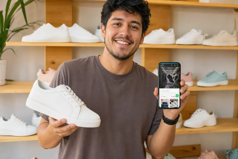 Dueño de una tienda de tenis mostrando su catálogo en el celular