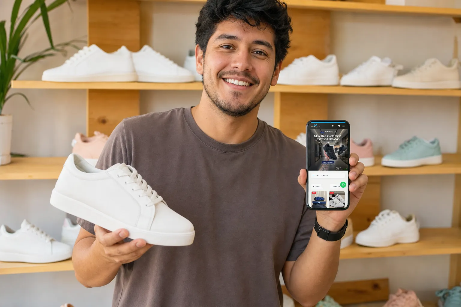 Dueño de una tienda de tenis mostrando su tienda online en el celular
