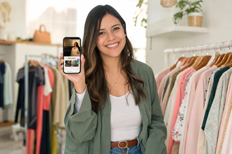 Emprendedora de moda mostrando su tienda virtual creada con Treggio