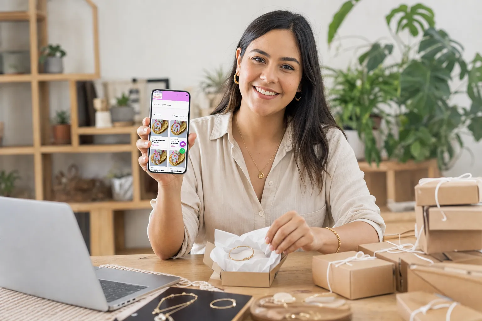 Emprendedora empacando pedidos con su tienda abierta en el celular