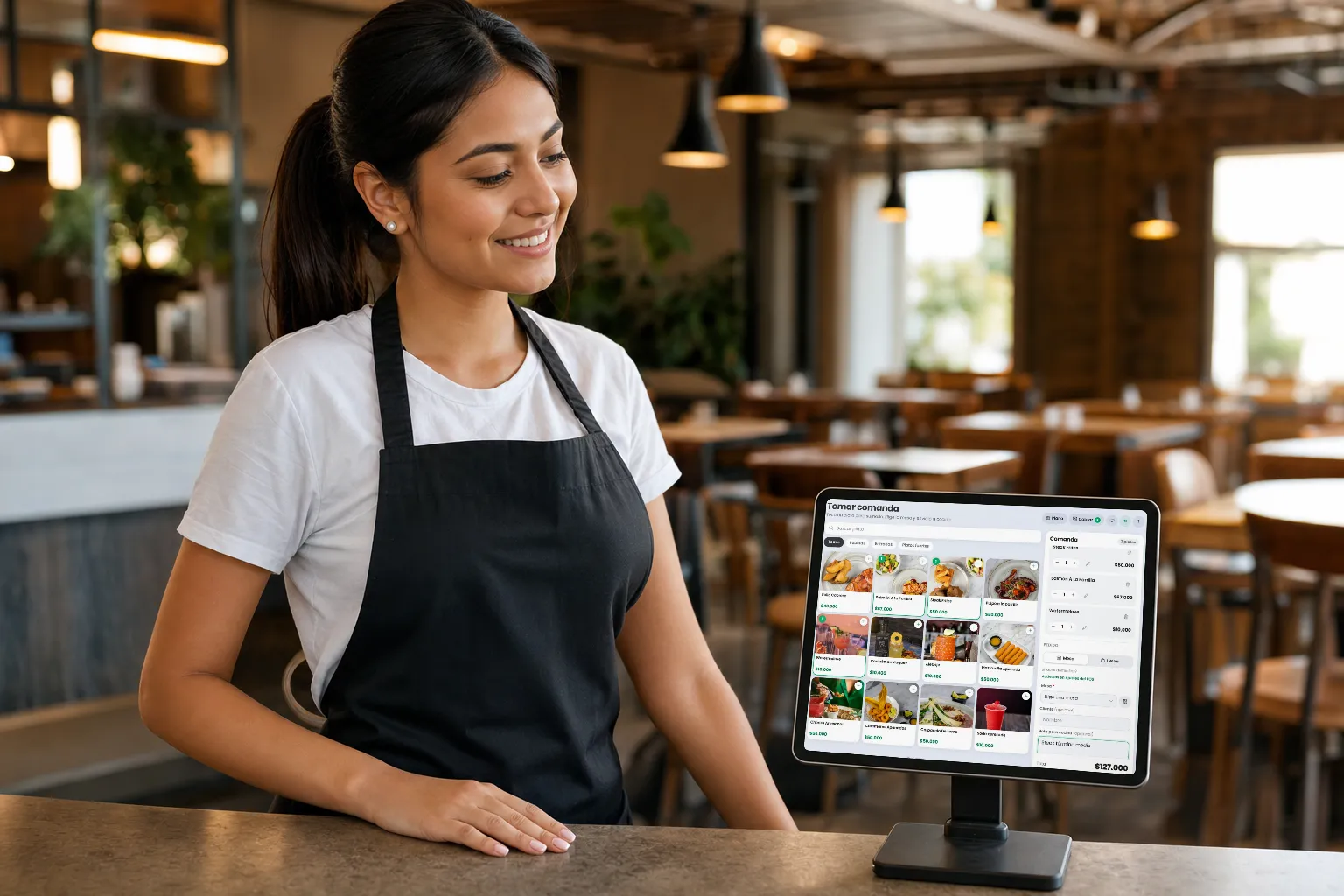 Mesera iniciando su turno en la tablet del restaurante