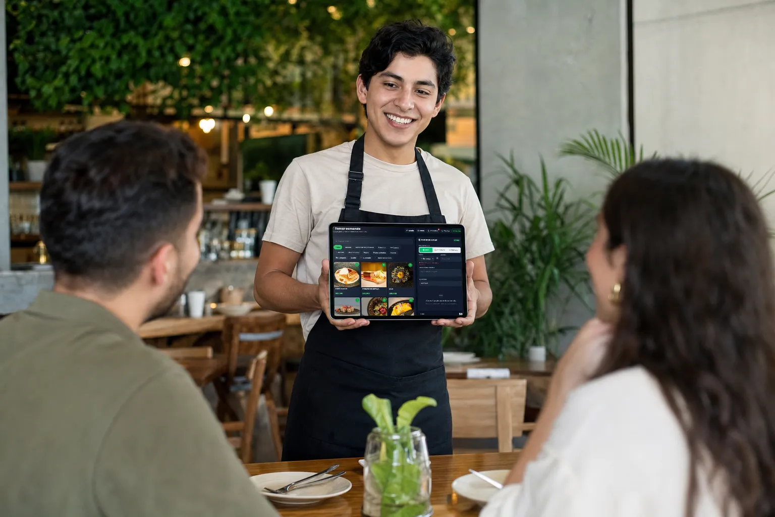 Mesero tomando la comanda en la mesa con una tablet con Treggio