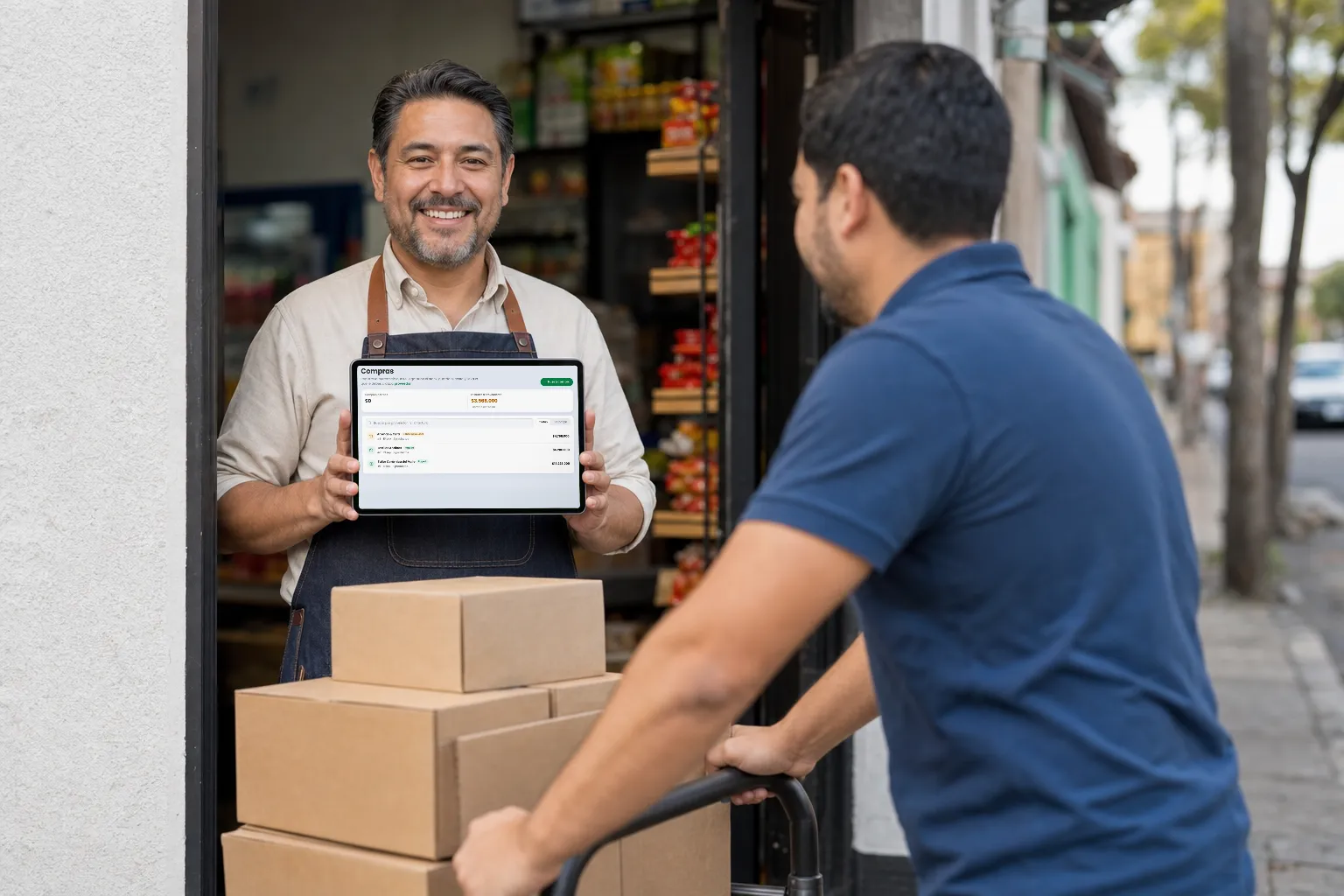 Persona recibiendo cajas de un proveedor y registrando la compra en una tablet