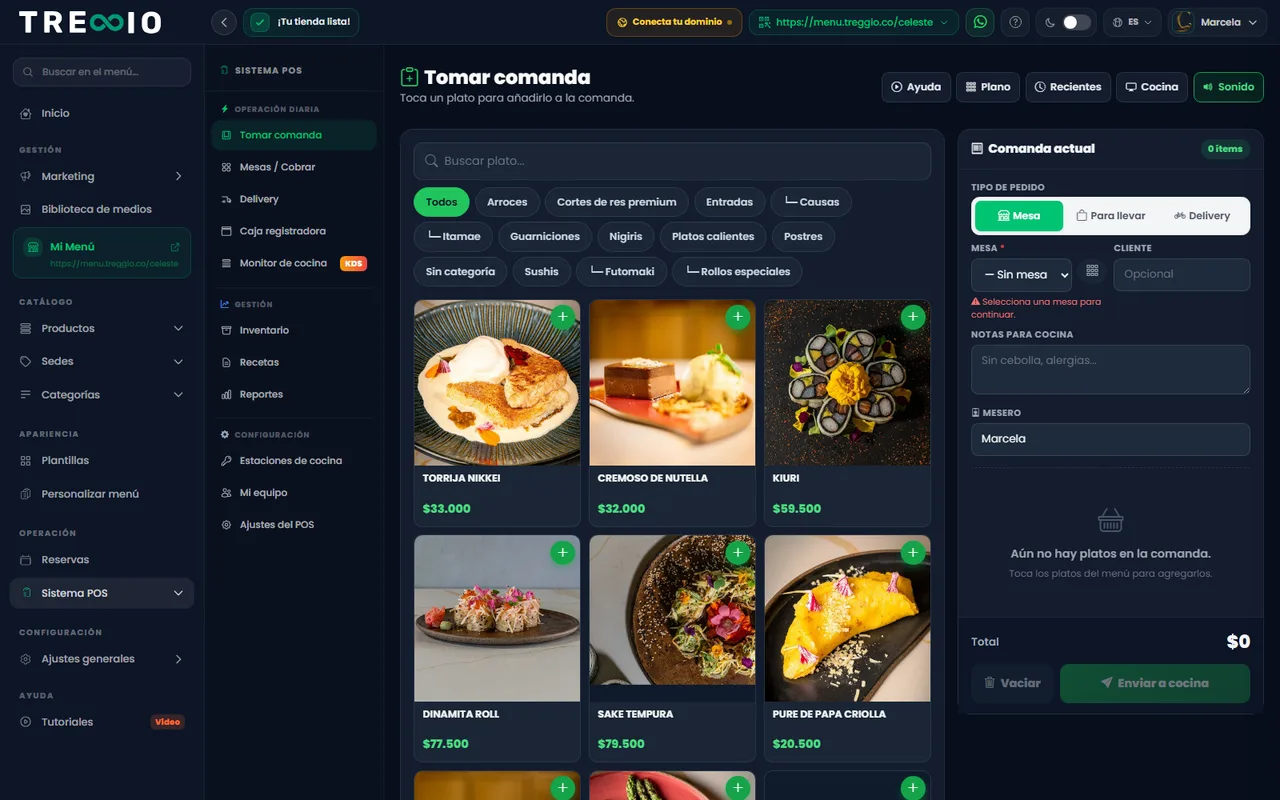Pantalla del sistema POS de Treggio para tomar la comanda: el mesero elige platos por categoría y arma el pedido de la mesa