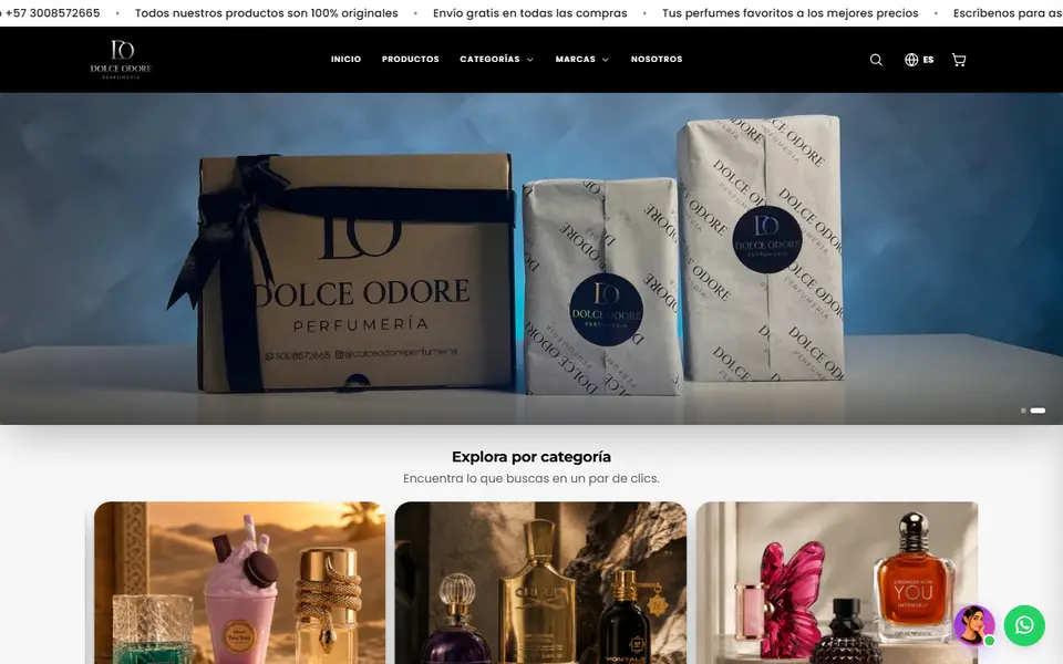 Página web de Dolce Odore, perfumería creada con Treggio, vista en computador